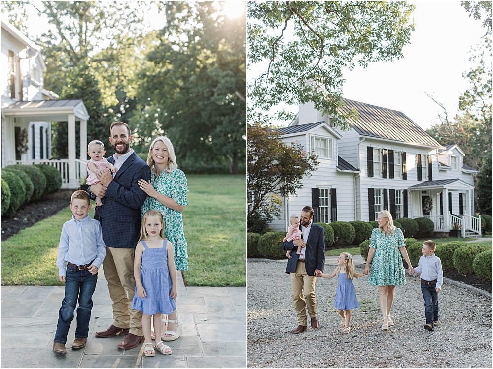 Sarah and Chad, owners of estate wedding venue, pose with their family in front of historic farmhouse