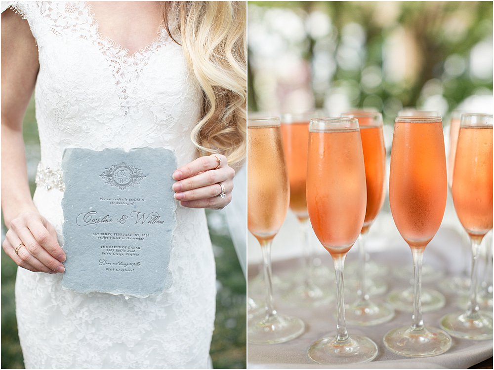 Split photo: Left side, bride in lacy wedding dress holding embossed wedding invitation. Right side: Rose in champagne flutes on marble tray