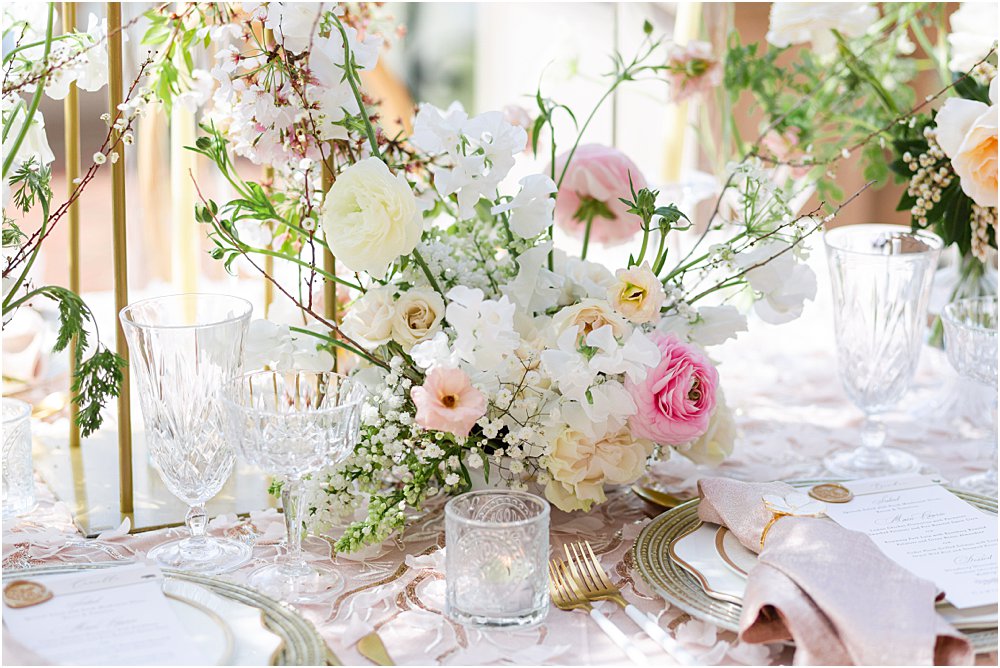Centerpiece florals for whimsical styled wedding editorial