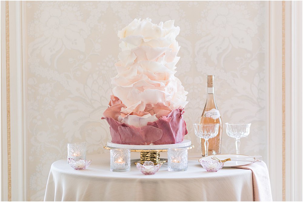 Pink ruffled cake for whimsical styled wedding editorial