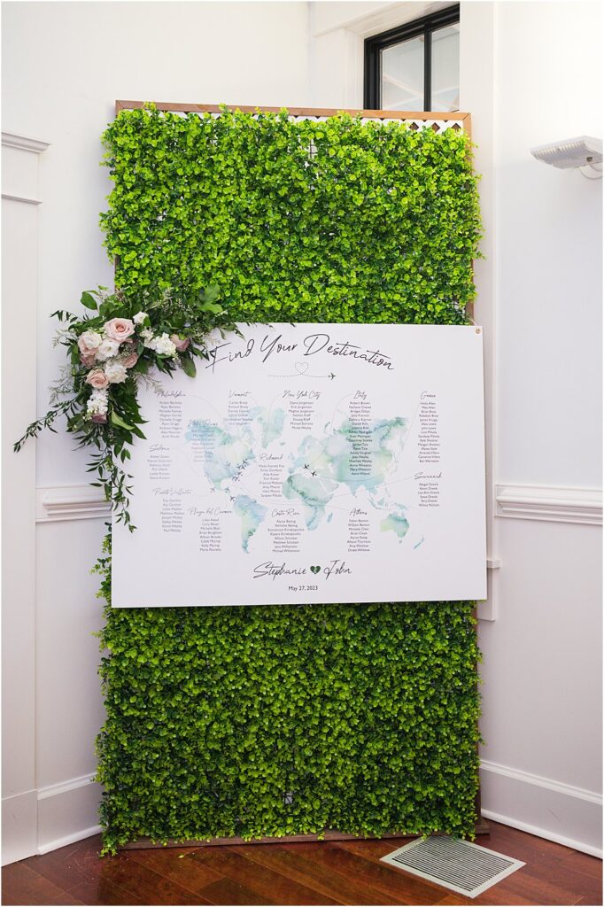 Greenery Wall Seating Chart for modern romantic wedding reception in Charles City, VA