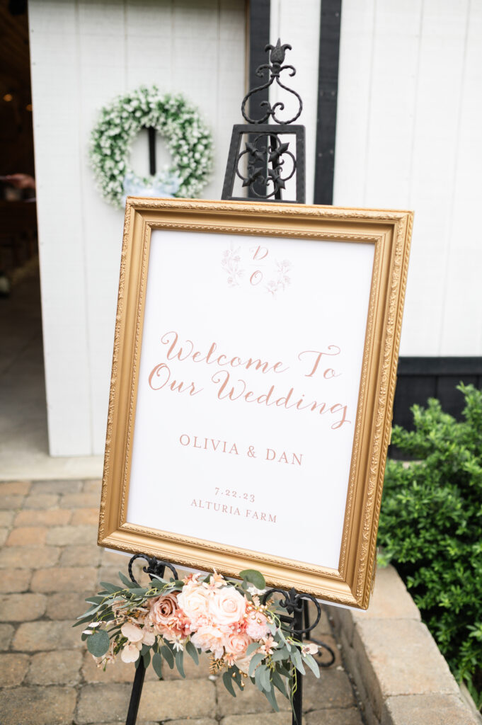 Welcome sign for romantic barn wedding in King William, VA